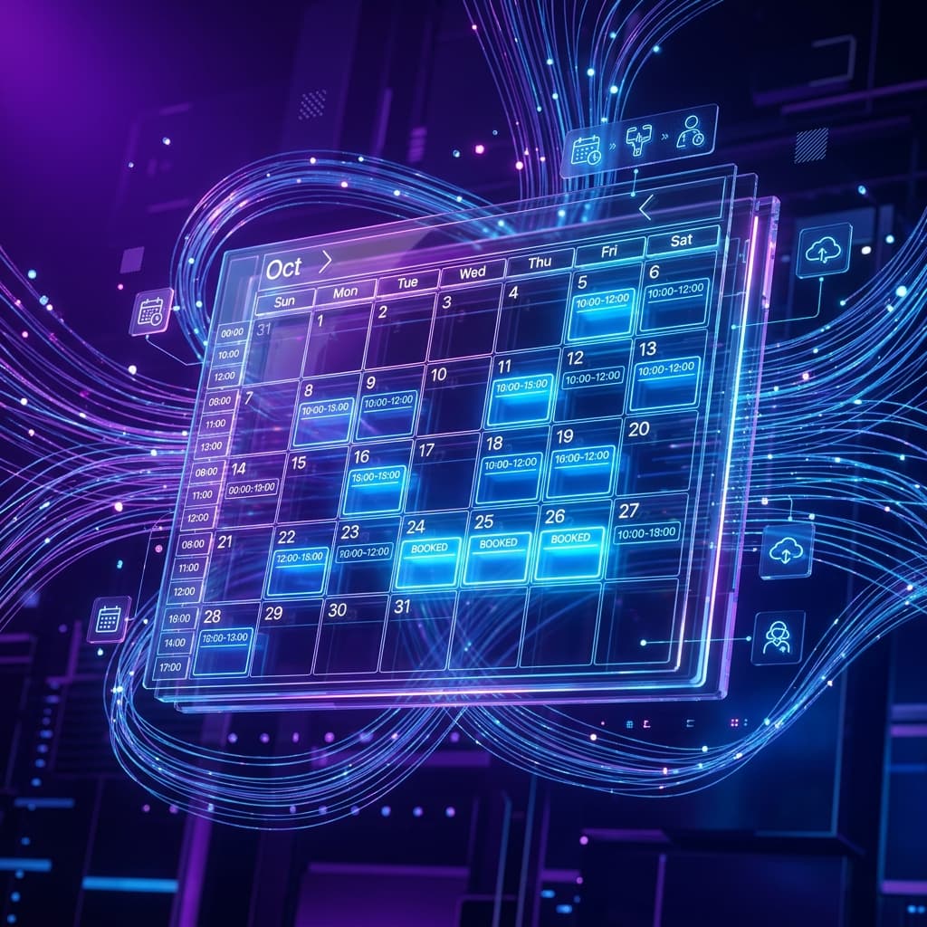 3D conceptual calendar grid with glowing appointment slots