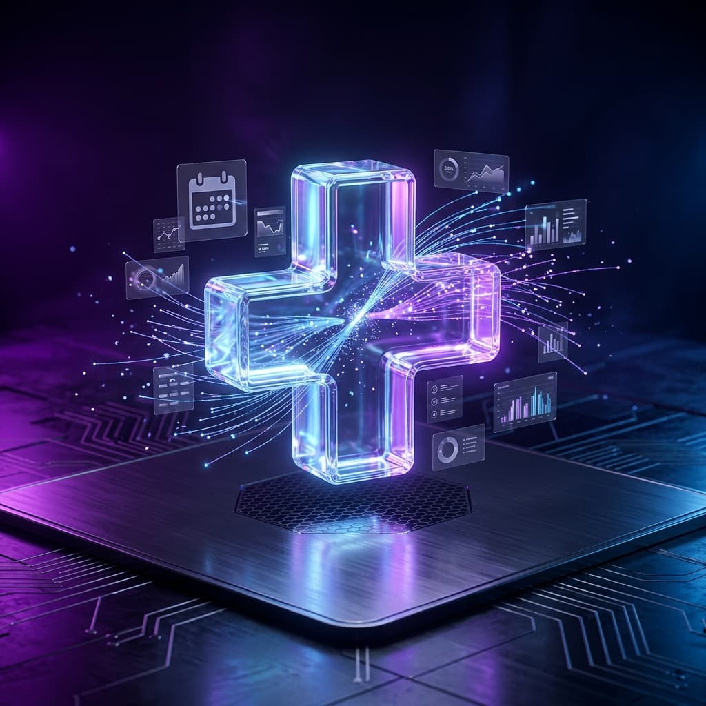 Abstract 3D rendering of a modern clinical management dashboard